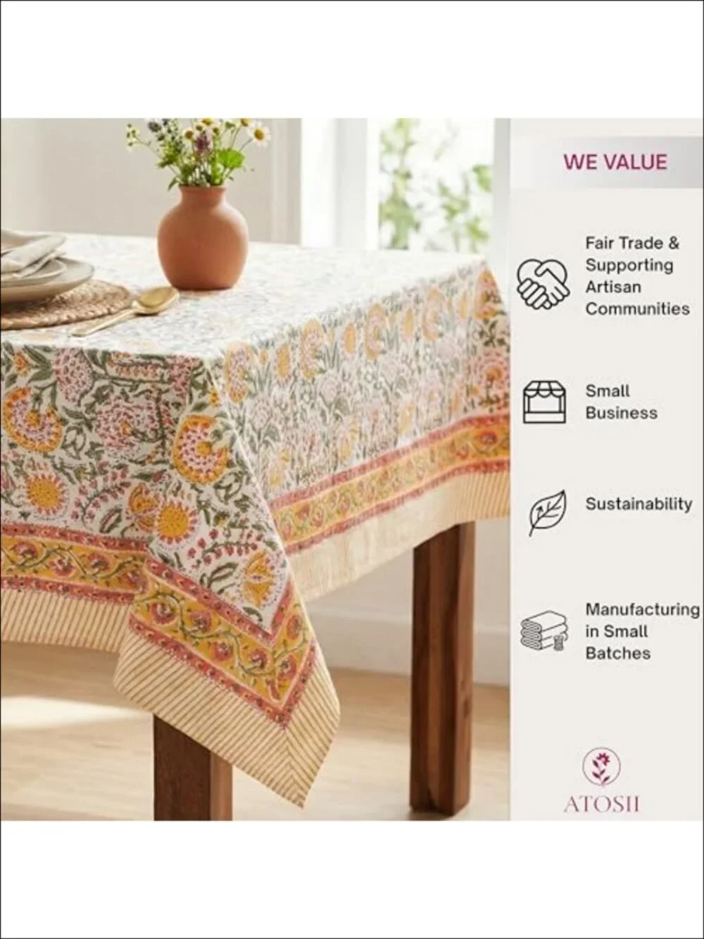 Handmade 100% Cotton Block Print Floral Rectangle Tablecloth 60x90